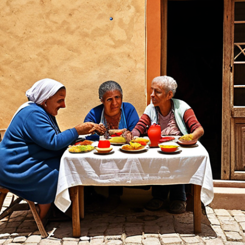 **

A heartwarming scene in a small Spanish village, inspired by Narine Abgaryan's style. Focus on Anatolia and her neighbors from "Desde el cielo cayeron tres manzanas." Depict everyday life with a touch of magic realism. Capture the essence of rural Spain – poverty, but also solidarity and humor. Visualize a cozy setting, perhaps a communal gathering or a shared meal, reflecting the strong community bonds.

**