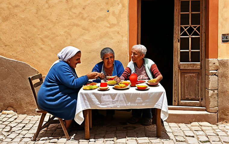 **
A heartwarming scene in a small Spanish village, inspired by Narine Abgaryan's style. Focus on Anatolia and her neighbors from "Desde el cielo cayeron tres manzanas." Depict everyday life with a touch of magic realism. Capture the essence of rural Spain – poverty, but also solidarity and humor. Visualize a cozy setting, perhaps a communal gathering or a shared meal, reflecting the strong community bonds.
**