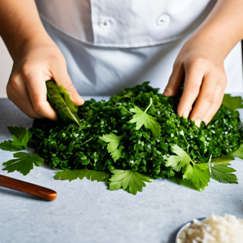 Dolma Preparation**

"A warm, inviting kitchen scene featuring a person carefully rolling dolma. Focus on the vibrant green grape leaves and the colorful filling. Ingredients like rice, herbs (parsley, mint), and ground meat are visible. Table is cluttered with cooking utensils. The person is fully clothed in modest, comfortable attire. Safe for work, appropriate content, family-friendly, perfect anatomy, natural proportions, professional photography, high quality."

**