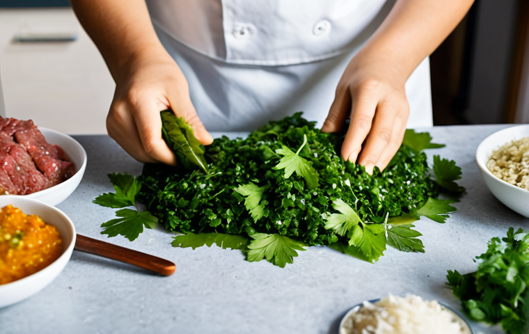Dolma Preparation**
"A warm, inviting kitchen scene featuring a person carefully rolling dolma. Focus on the vibrant green grape leaves and the colorful filling. Ingredients like rice, herbs (parsley, mint), and ground meat are visible. Table is cluttered with cooking utensils. The person is fully clothed in modest, comfortable attire. Safe for work, appropriate content, family-friendly, perfect anatomy, natural proportions, professional photography, high quality."
**