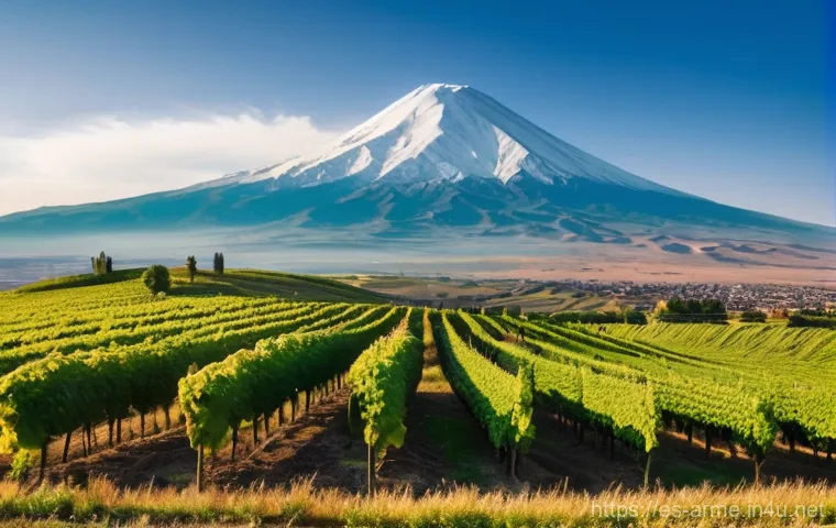 아르메니아 전통 술 아라라트 브랜디 - **Prompt:** A majestic, wide-angle shot of the sun-drenched Ararat Valley in Armenia during early au...