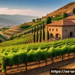 아르메니아 와인 브랜드 추천 - A picturesque Armenian vineyard landscape at golden hour, featuring rolling hills with terraced grap...