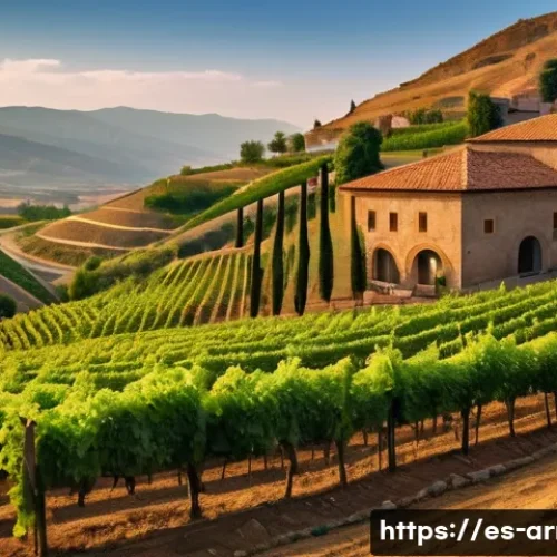 아르메니아 와인 브랜드 추천 - A picturesque Armenian vineyard landscape at golden hour, featuring rolling hills with terraced grap...