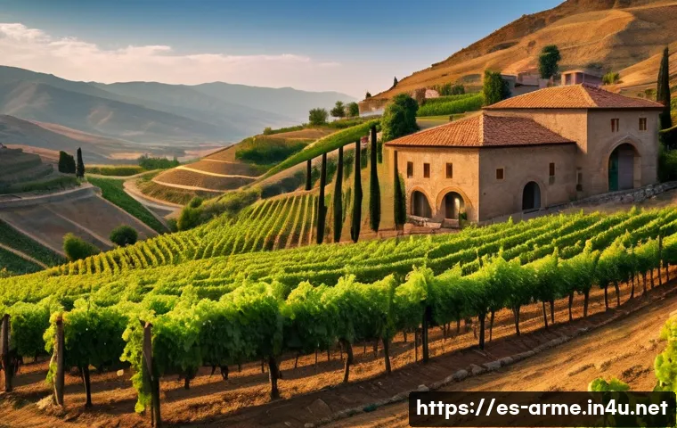 아르메니아 와인 브랜드 추천 - A picturesque Armenian vineyard landscape at golden hour, featuring rolling hills with terraced grap...