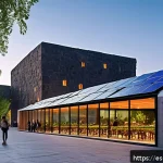 아르메니아의 현대 건축물 - A contemporary Armenian urban plaza at dusk, blending traditional Armenian volcanic stone (tufa) wit...