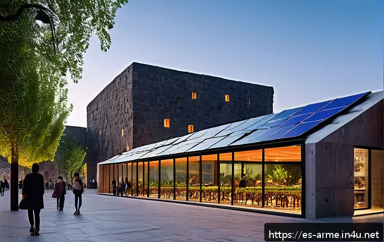 아르메니아의 현대 건축물 - A contemporary Armenian urban plaza at dusk, blending traditional Armenian volcanic stone (tufa) wit...