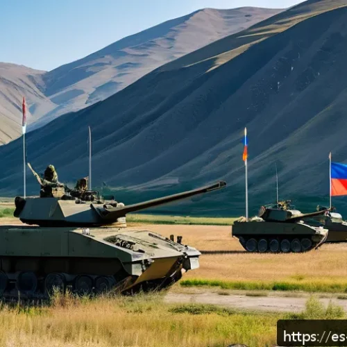 아르메니아와 러시아의 관계 - A detailed scene of a modern military base in Armenia with Russian and Armenian flags flying promine...