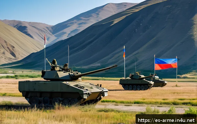 아르메니아와 러시아의 관계 - A detailed scene of a modern military base in Armenia with Russian and Armenian flags flying promine...