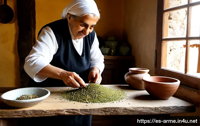 아르메니아의 전통 의학 - Photorealistic traditional Armenian herbal medicine scene in a rustic stone kitchen, an elderly Arme...